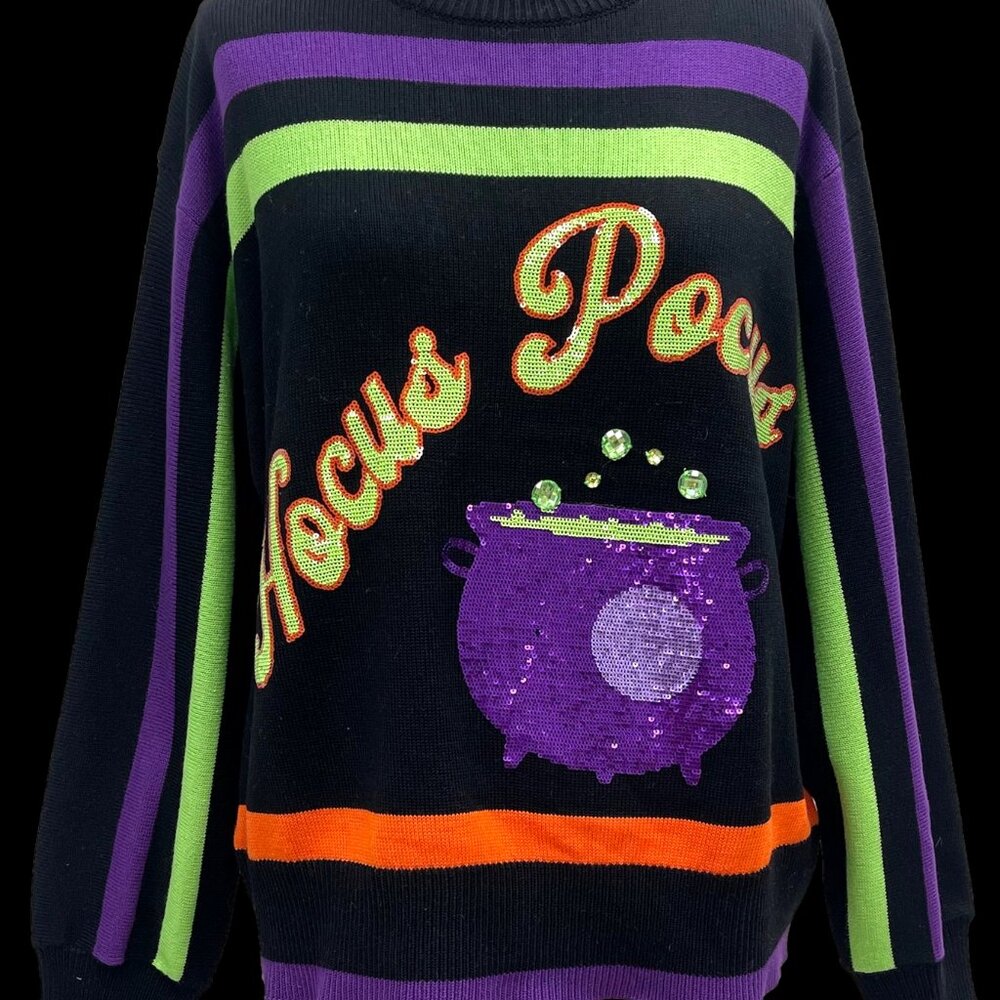 Black 'Hocus Pocus' Halloween Knit Sweater with Purple & Green Accents - Picture 3 of 4